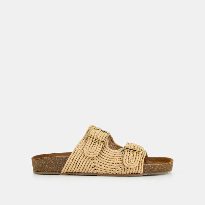 Mules à boucles  en raphia beige