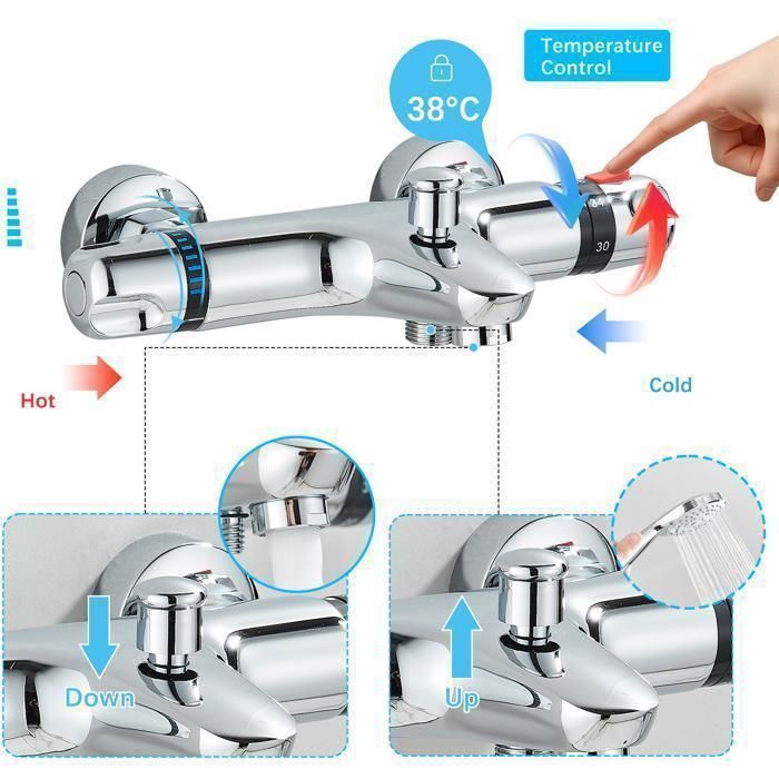 Mitigeur Baignoire Thermostatique Mitigeur de Douche avec Contrôle de La Température Laiton Finition Chromée
