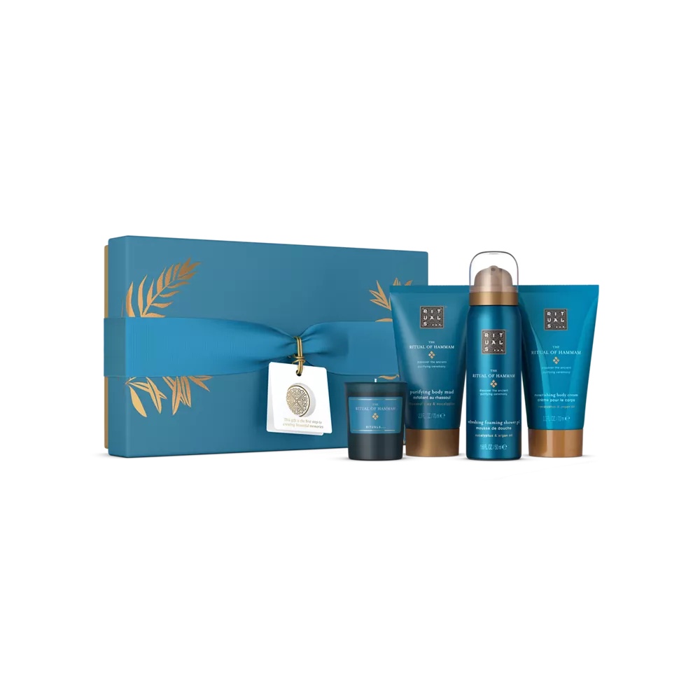 „The Ritual of Hammam“ dovanų rinkinys S: putojantis dušo želė 50 ml, kvapni žvakė 25 g, kūno purvas 70 ml, kūno kremas 70 ml