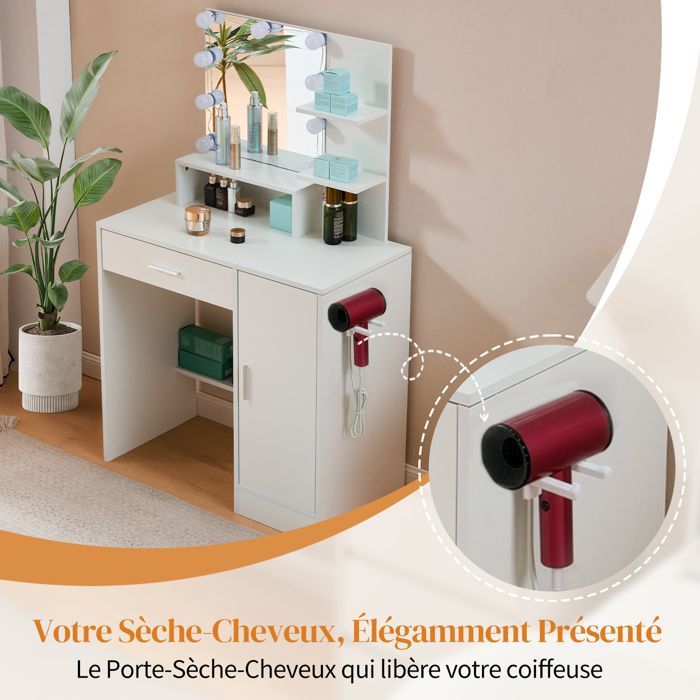 Coiffeuse avec  Miroir LED 3 Couleurs Réglables, Tiroirs et Porte, 80x40x130 cm, Blanc