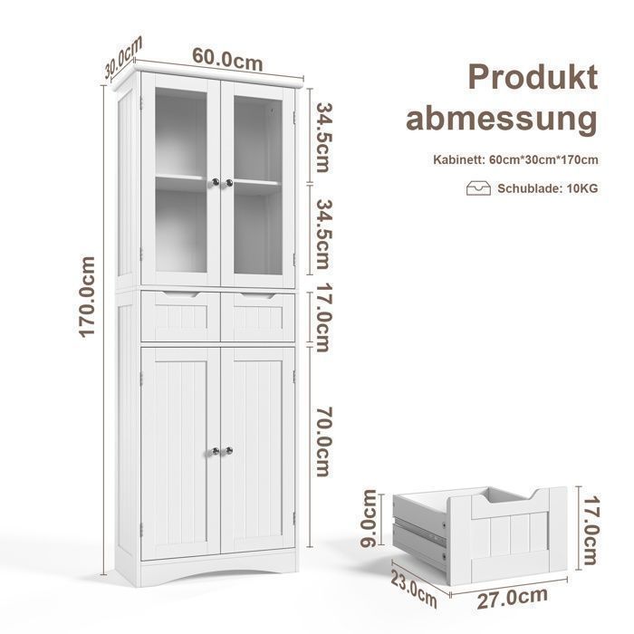 Kitchen Buffet - Bealife - Storage Unit - 2 Drawers - Adjustable Shelves - 4 Glass Doors - 170 cm Tall Cabinet - White