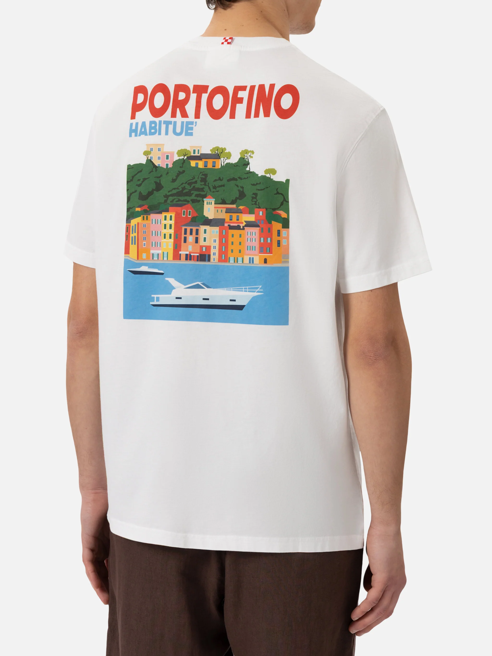 Heren katoenen T-shirt met print van een ansichtkaart van Portofino
