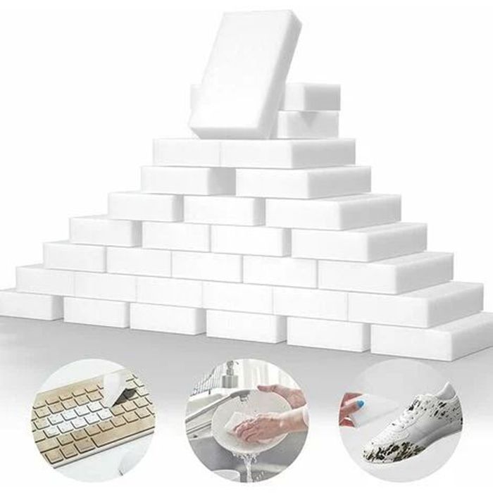 Verpakking met 100 extra grote magische melaminesponzen voor het schoonmaken van vaat, meubels, vloeren, boten, badkuipen en meer.