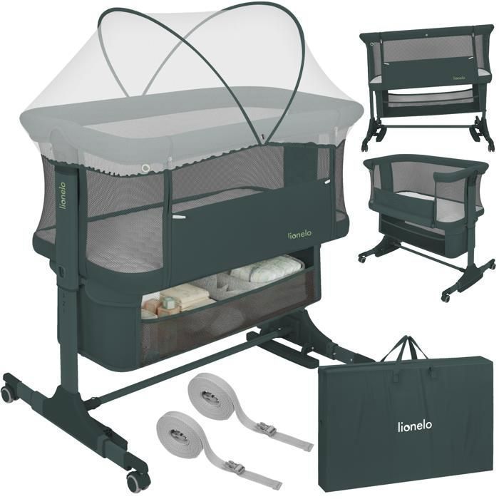 LIONELO Jodie 3-in-1 Co-Sleeping Baby Cot - Crib - Height and Tilt Adjustable - High-Density Mattress - Green