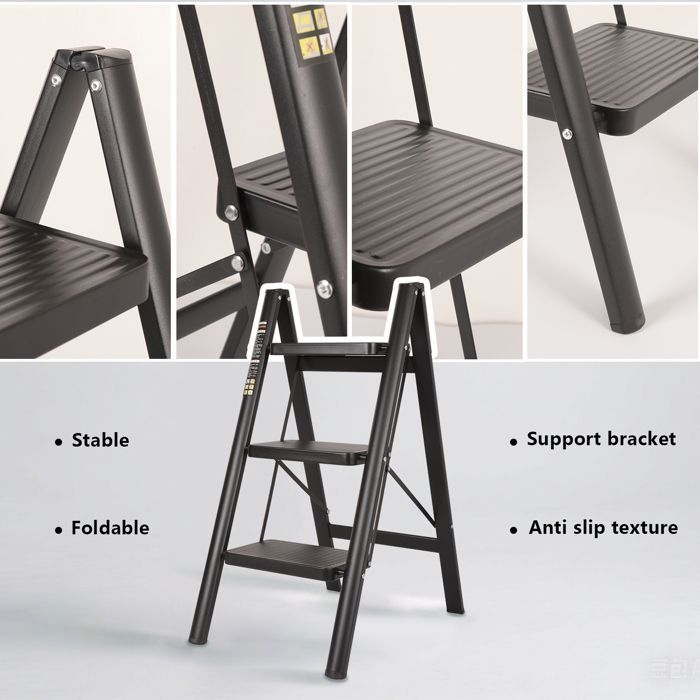 Escalera de 3 peldaños - Escalera plegable TOKIUS con plataforma antideslizante - Escalera de aluminio resistente, ligera y portátil, color negro.