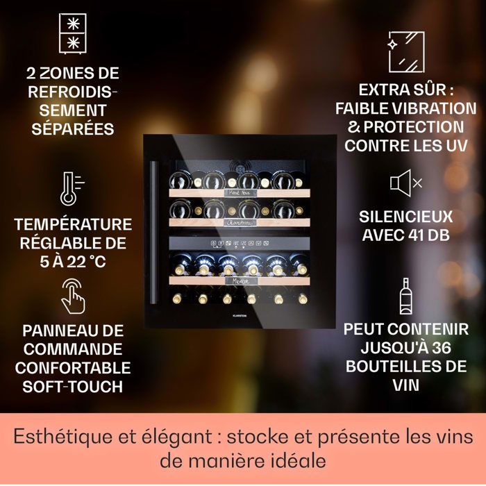 Cantinetta per vini - Klarstein Vinsider 36 Onyx Edition - 2 zone di temperatura - 5-22 °C - 85 L - acciaio inox - 36 bottiglie - Argento