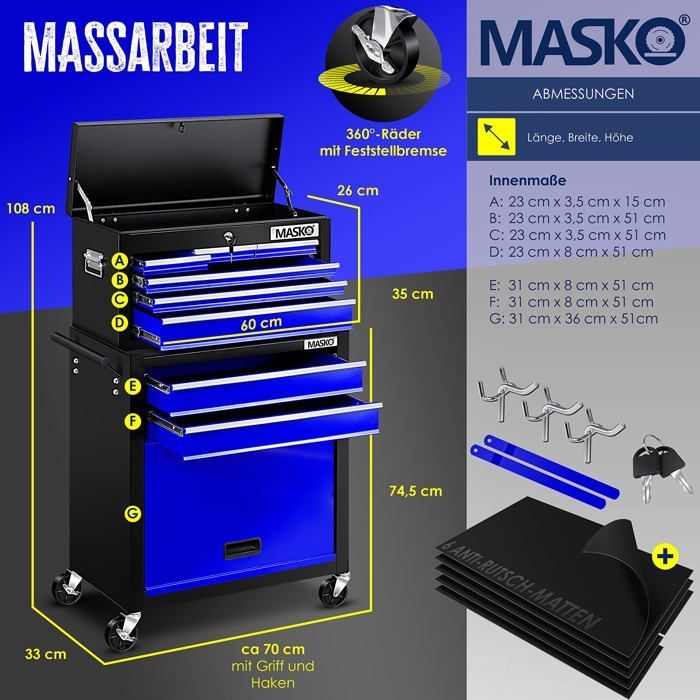 MASKO® Chariot servante d’Atelier | Chariot à Outils 9 Tiroirs verrouillables avec serrure Bleu