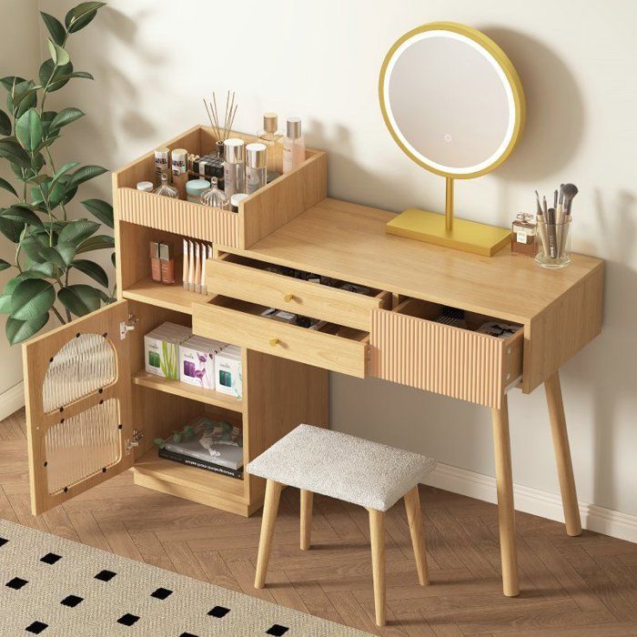Ensemble de coiffeuse - LANGTU - Coiffeuse avec miroir et éclairage 3 couleurs - 3 tiroirs - Aggloméré E1 - Portes verre arc-en-ciel