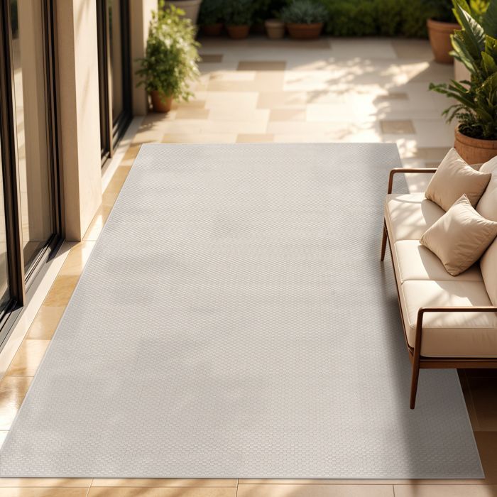 Alfombra de exterior Paco Home para balcón, terraza o cocina, lisa, con estampado moteado, color blanco roto, 200 cm x 200 cm.