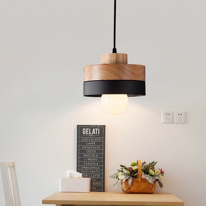 SNOGOLD Moderne ronde hanglamp met houten en zwarte metalen kap, E27 plafondlamp voor de woonkamer