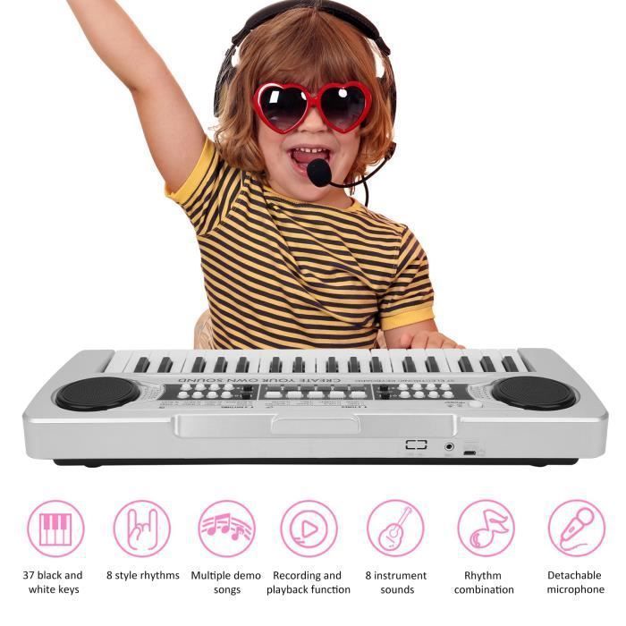 Teclado eléctrico, piano electrónico de juguete de 37 teclas para niños, instrumento musical con micrófono (plateado)