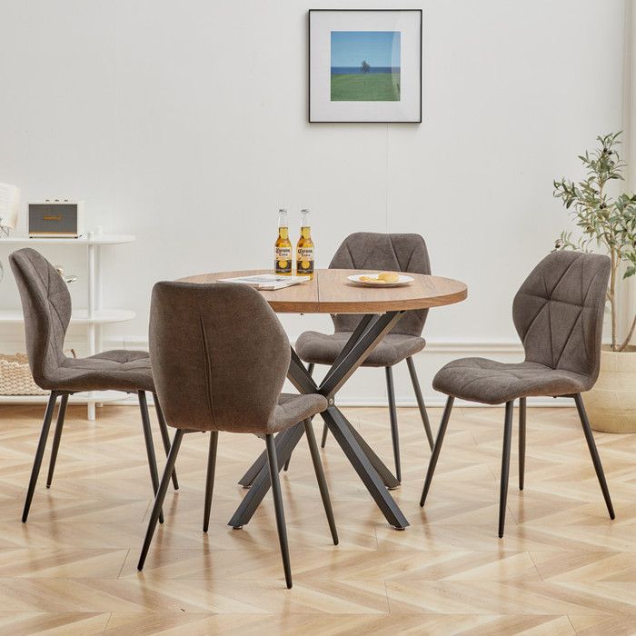 Silla vintage de lino con forma de diamante, juego de 4 sillas marrones - Patas de metal - Ergonómica