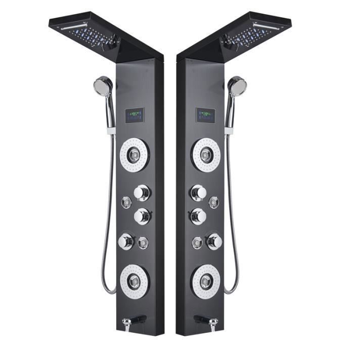 Colonna doccia nera JULLYBATHEVY con pannello doccia a LED, doccetta e sistema doccia con 5 getti idromassaggio.