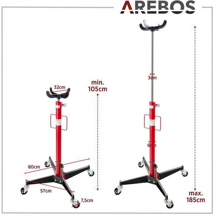 Gatos elevadores AREBOS | Gato hidráulico de acero para fosos | 500 kg | Altura regulable de 105 a 185 cm | Acero | 4 ruedas