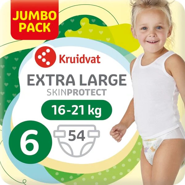 Kruidvat 6 extra veľkých plienok Jumbo balenie<br>veľkosť 6 (15-20 kg), 54 kusov