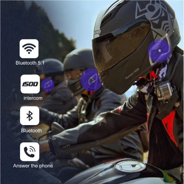 Intercom Moto Bluetooth 2pcs - Interphone pour Casque Moto Sans Fil - 1500m Etanche IP65 - Contrôler des Appels
