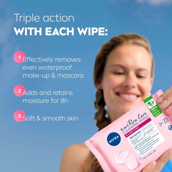NIVEA Rose Care micelinės valomosios servetėlės<br>25 vnt. - Visiems odos tipams