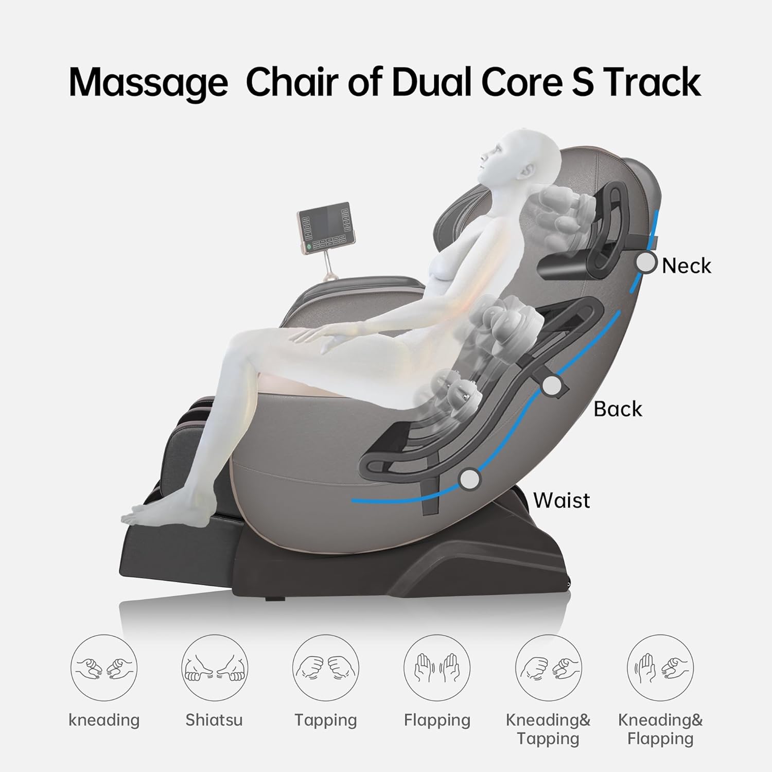 Real Relax 2024 Massagesessel mit Dual-Core-S-Schiene, Ganzkörpermassage-Liegefunktion mit Schwerelosigkeitsposition und App-Steuerung, Schwarz und Grau