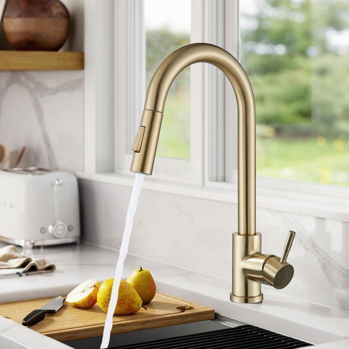 Rubinetto da cucina JULLYBATHEVY - Miscelatore - Doccetta estraibile a 2 modalità - Rotazione a 360 gradi - Oro spazzolato