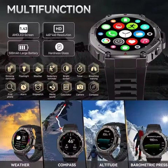 Smartwatch - GATO NEGRO - T-rex 3 Ultra - GPS integrato - Resistente all'acqua fino a 5 ATM - AMOLED da 48 mm