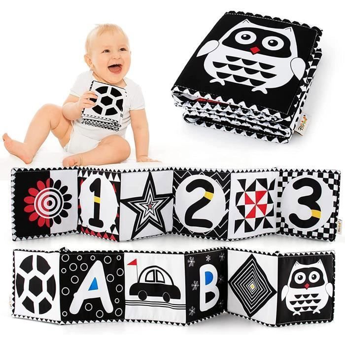 Libro de tela para bebés - Juguetes de aprendizaje temprano con animales - Blanco y negro - Carrito de empuje con varios colores (blanco y negro)