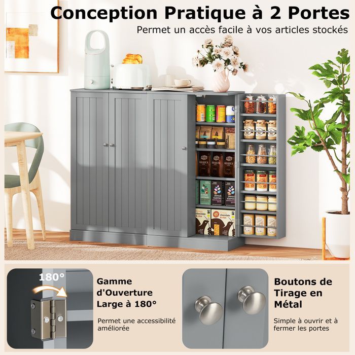COSTWAY 104 cm keukenbuffet, deuren die 180° openen, verstelbare planken, anti-kantelset, voor eetkamer/woonkamer, grijs