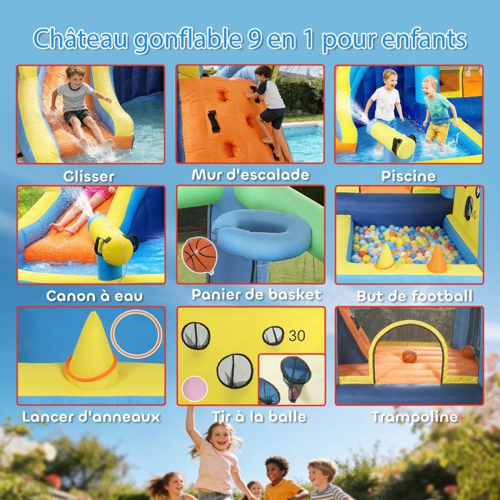 Château gonflable - AIYAPLAY - 8 en 1 - souffleur, toboggan, trampoline, piscine à balles - oxford - 350x320x190cm - multicolore