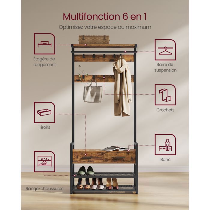 Entryway Cabinet with 10 Removable Hooks, 2 Drawers, Separable Design, 30 x 80.4 x 181.6 cm, Rustic Brown and Ink Black