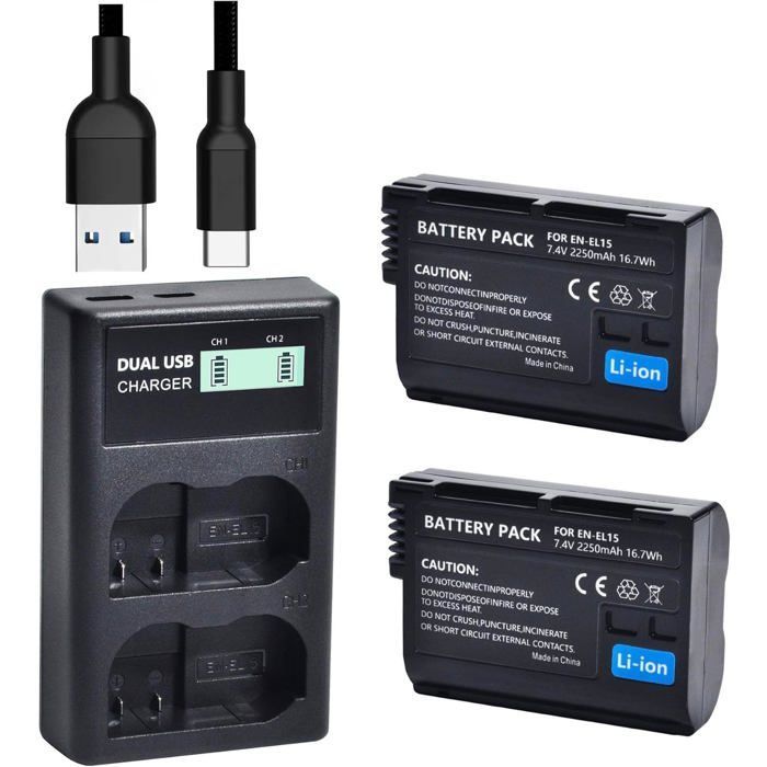 2pcs QUMOX Batterie EN-EL15 et Chargeur Double USB Compatible avec Z6 Z7 D500 D600 D610 D800 D850 D800E D750 D7000 D7100 D7200