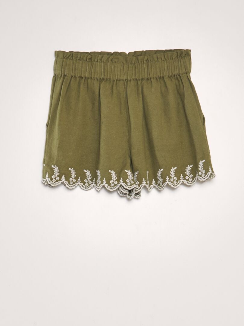 Geborduurde katoenen en linnen shorts - groen