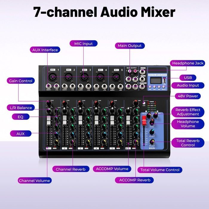 Mezclador de audio profesional de 7 canales para directo con Bluetooth y USB para estudio.