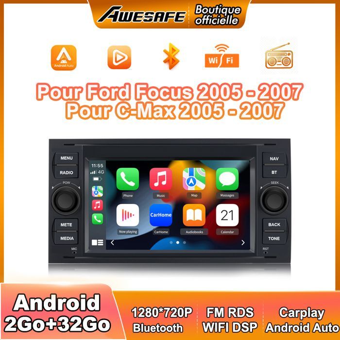 Autorradio AWESAFE Android 13 de 2 GB + 32 GB para Ford Focus C-Max F1esta (2005-2007) con pantalla táctil de 7 pulgadas, CarPlay y Android Auto.