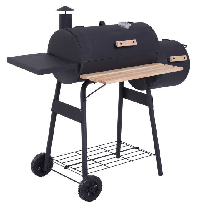 Barbecue à charbon - Outsunny - fumoir BBQ grill smoker sur pied couvercle roulettes thermomètre - acier - noir
