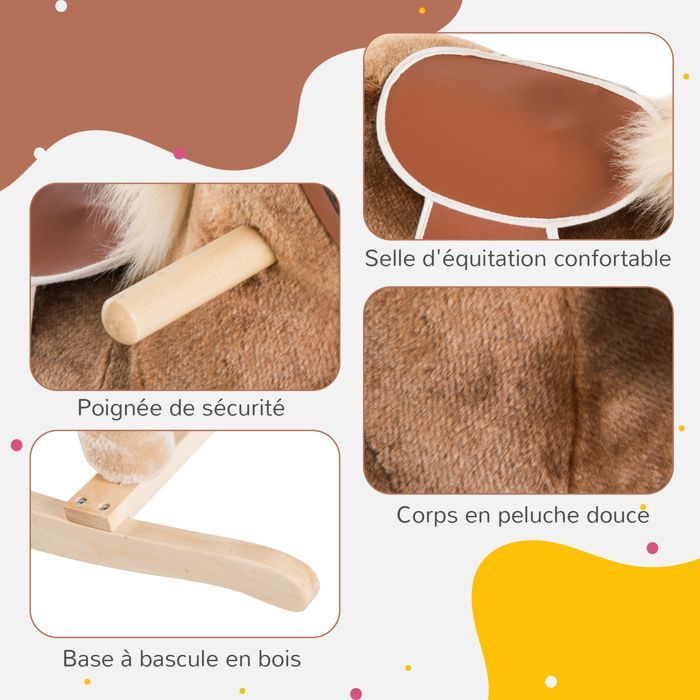 Caballo balancín - HOMCOM - Silla de montar vaquera cómoda para niños de 36 meses en adelante - Peluche suave - Madera - Capacidad de carga de 40 kg - Marrón y blanco