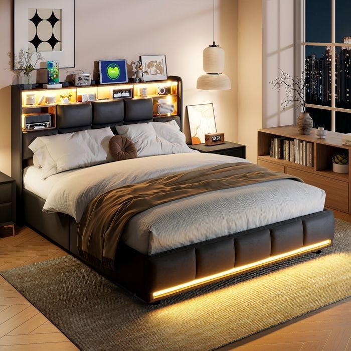 LED-bed met opbergruimte 140x200 cm met lattenbodem - 2 stopcontacten en 2 USB-poorten - PU-leer - Gestoffeerd bed - Hoofdbord met opbergruimte - Bed voor volwassenen/tieners - Zwart
