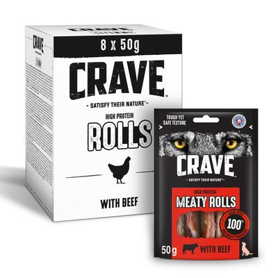 Rollitos de carne CRAVE con alto contenido proteico y snacks para perros con carne de res