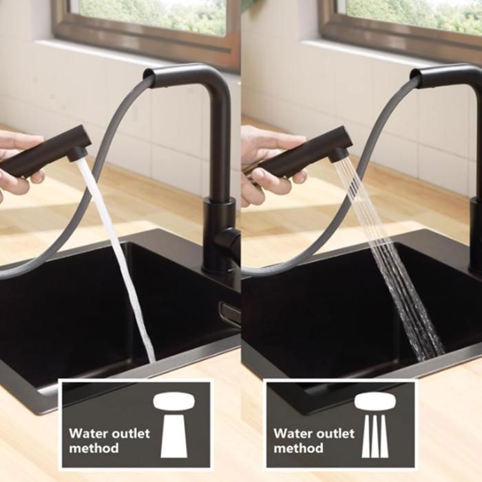 Miscelatore da cucina nero estensibile con doccetta estraibile a 2 modalità di getto, girevole a 360°, acqua calda e fredda.