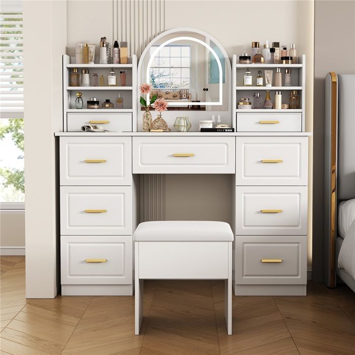 9-Drawer Makeup Table with LED Mirror, White Dressing Table for Bedroom & Living Room (120x40x135cm)