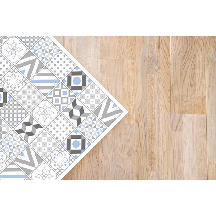 Tapis Vinyle - Panorama - Carreaux Ciments - Gris et Bleu - 60x110 cm - Résistant et Économique