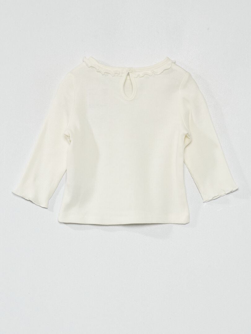 Geribbeld gebreid T-shirt met rucheskraag - Wit