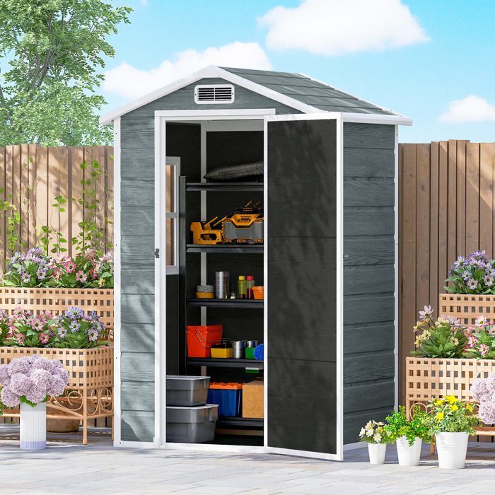 Tuinhuisje - berging - Outsunny - vloer, raam en puntdak - gemaakt van hars met houtlook - 128x104x196cm - grijs