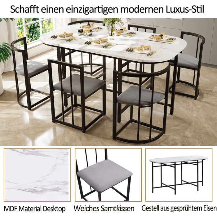 Conjunto de mesa de jantar (140x80cm) com 6 cadeiras - Mesa e cadeiras - Cadeiras com encosto e almofadas cinza - Estilo moderno - Preto