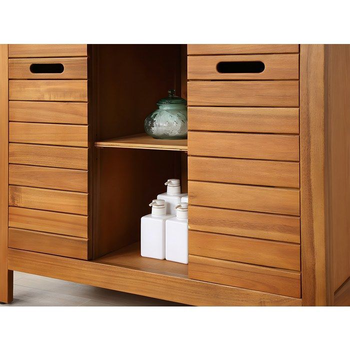 Mueble de baño de madera de acacia con lavabo individual y espejo - 90 cm - PULUKAN