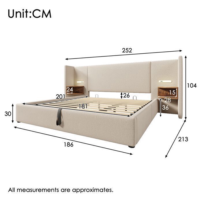Upholstered storage bed 180x200 cm with long backrest, bedside table, reading lamp, USB Type-C, hydraulic storage, linen, beige