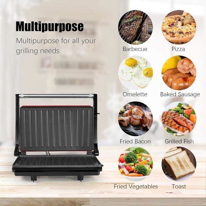 Grill Électrique - Gotoll - Appareil à Sandwich Presses à Panini, Croque Monsieur Plaques Anti-Adhésives (Rouge)