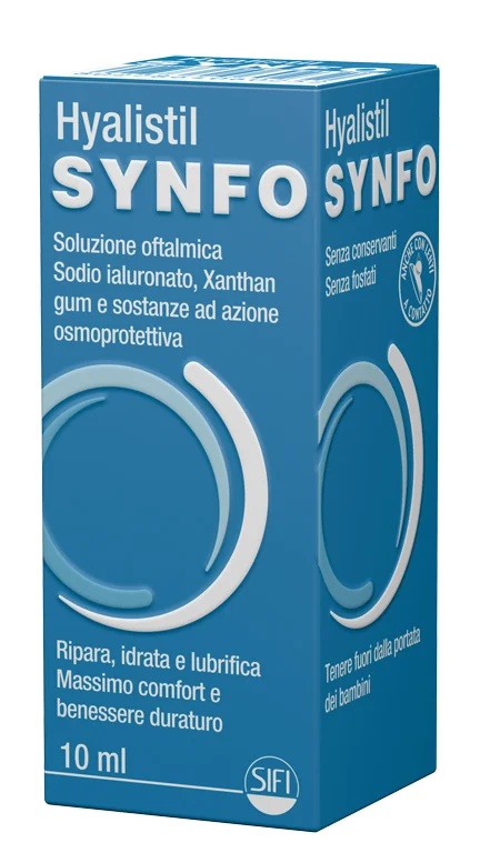 HYALISTIL Hyalistil Synfo oogoplossing 10 ml in een flesje beschermt en hydrateert het oppervlak van de ogen.