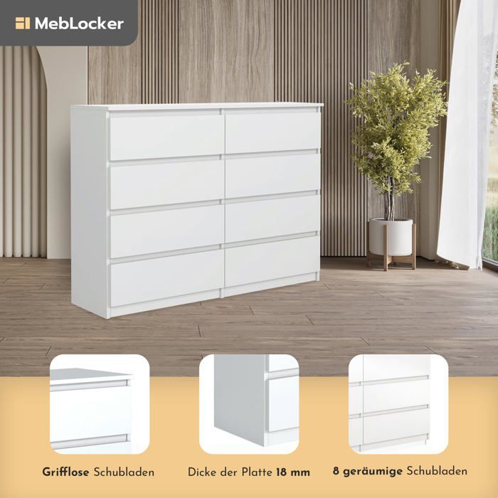 Commode 8 tiroirs - Meblocker - Blanc 120 cm - Meuble de Rangement Spacieux - Salon, Bureau, chambre à couche & enfant