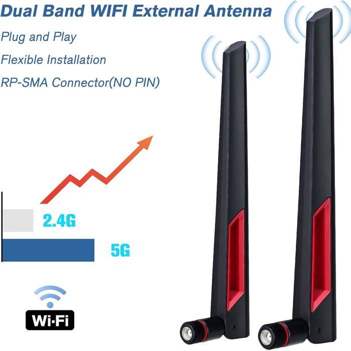 Antena WiFi RP-SMA de doble banda 2,4/5/5,8 GHz y 10 dBi para router, punto de acceso, adaptador USB o PCIe.