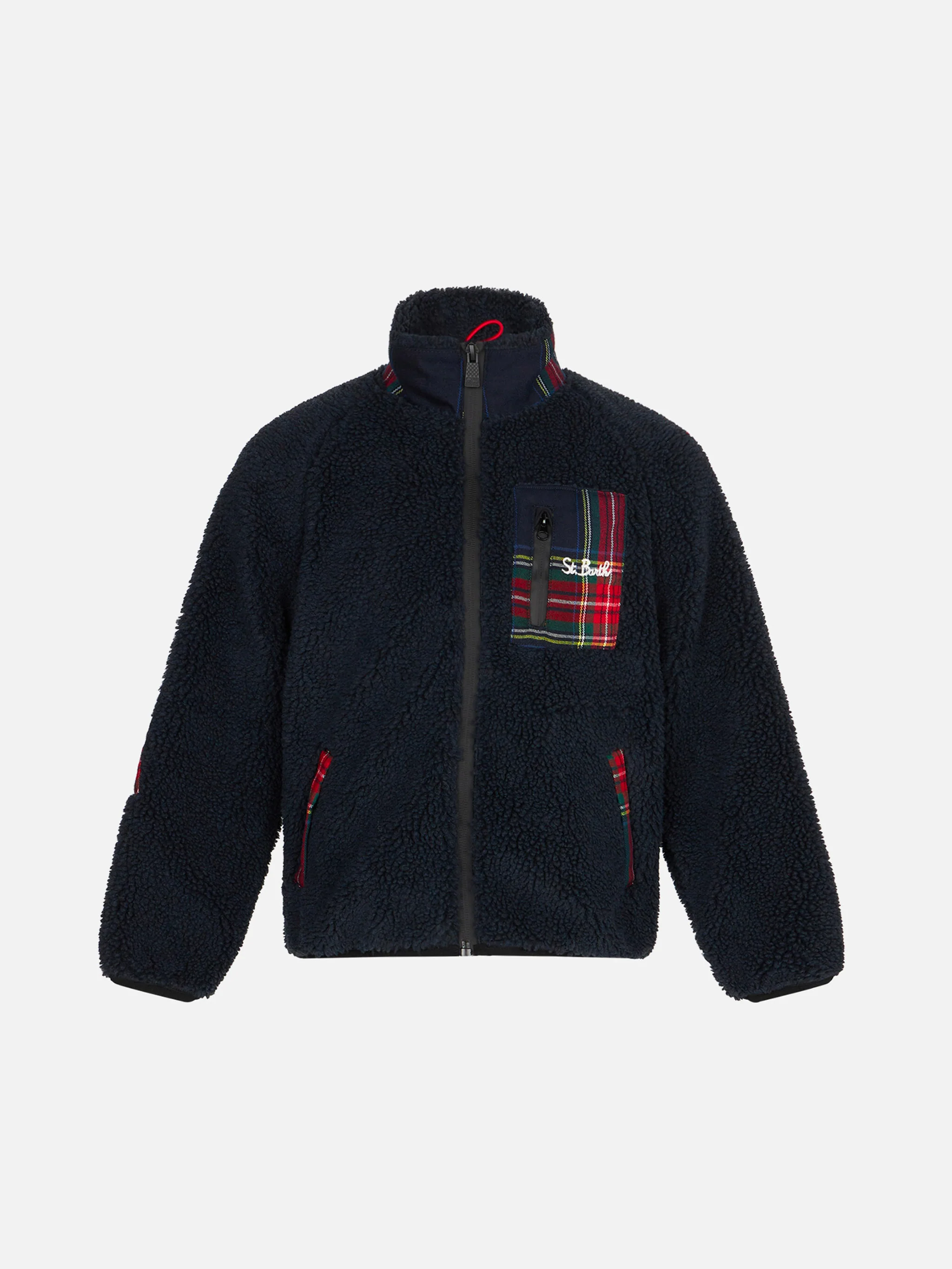 Chaqueta infantil de sherpa con bolsillo y bordado de San Bartolomé.