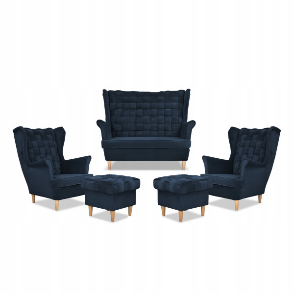 Zestaw wypoczynkowy Carol sofa fotele pufy paski Family Meble granatowy